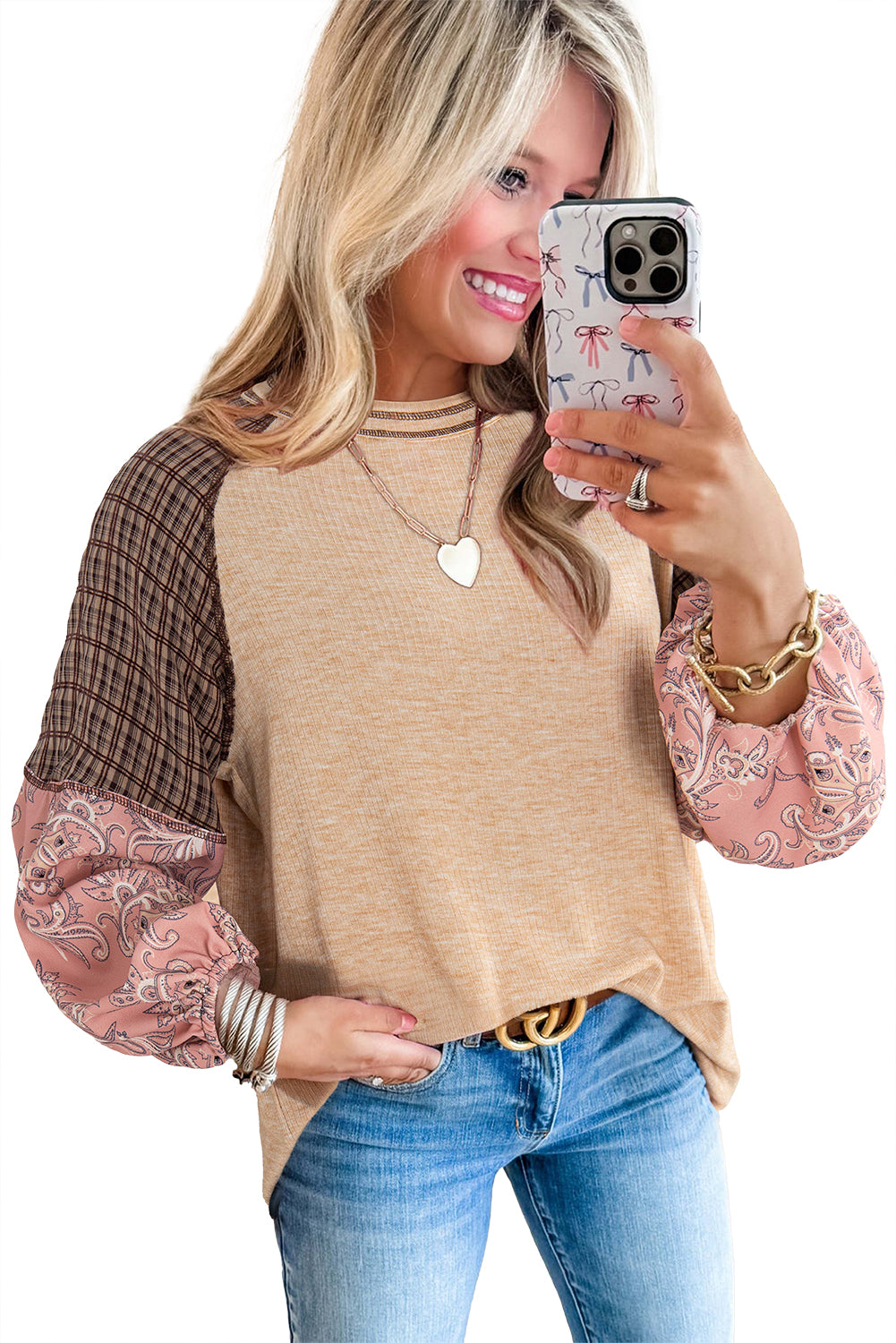 Fushia Floral Plaid Mixed Print Patchwork Raglan Ribbed Top