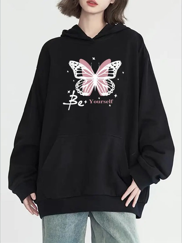 Women's Casual Butterfly & Letter Print Hoodie With Kangaroo Pocket - Long Sleeve, Machine Washable