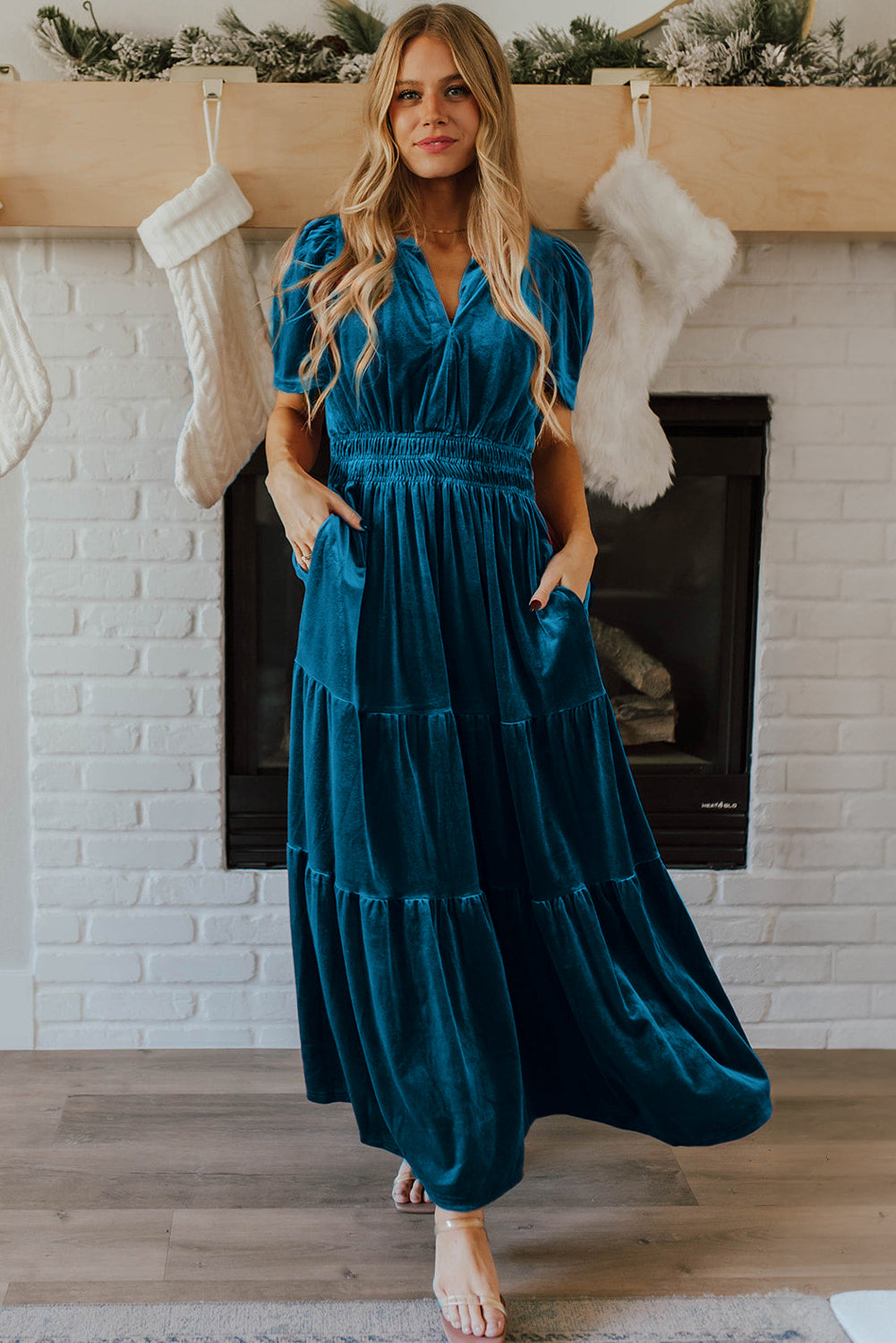 Evergreen Velvet Short Sleeve Shirred Waist Tiered Maxi Dress