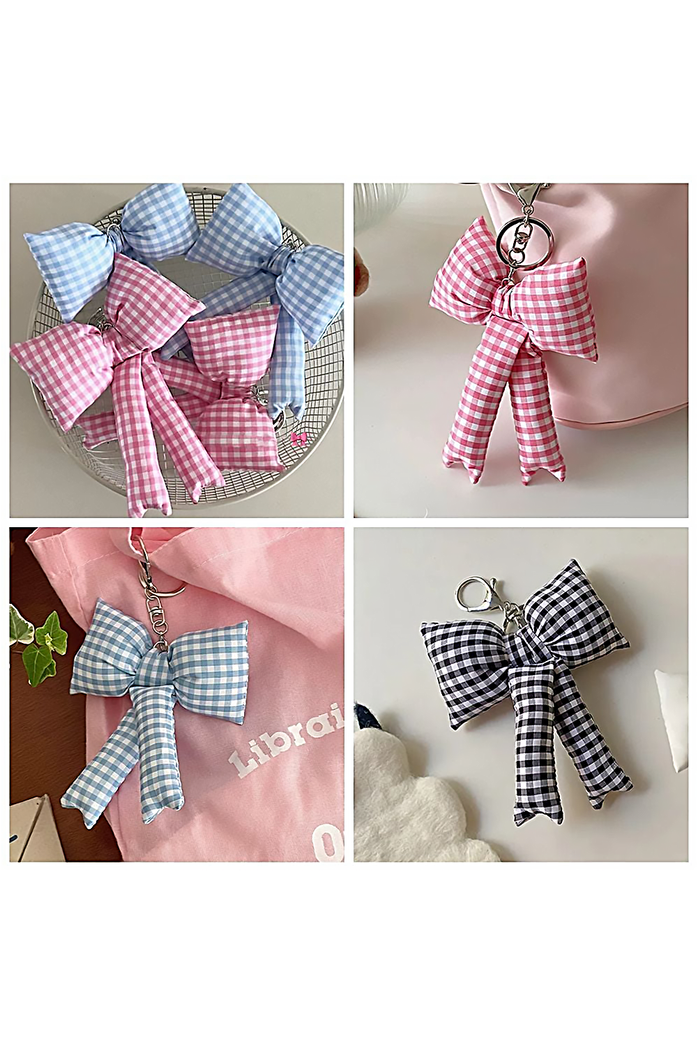 Pink Plaid Bow Pendant Keychain