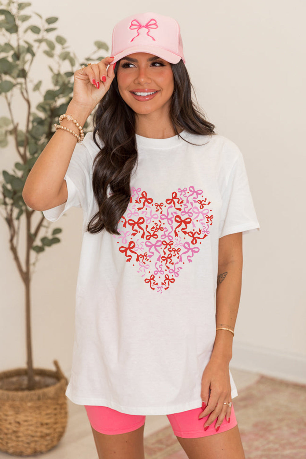 White Bowknot Heart Printed Crewneck Valentines Tee