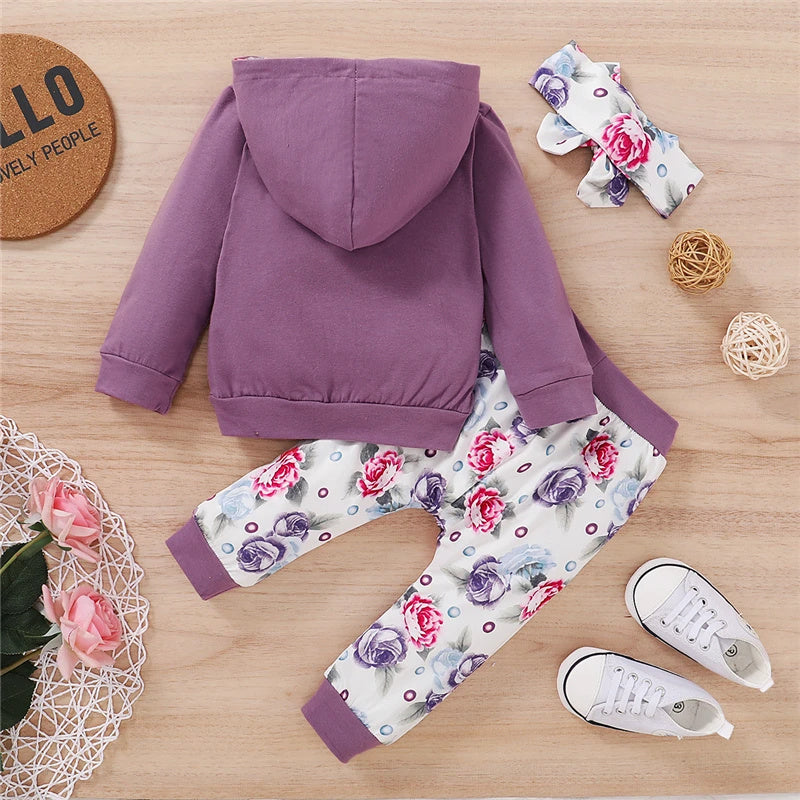 Cotton Letter Printed Hooded Sweatshirt Floral Pants Headband