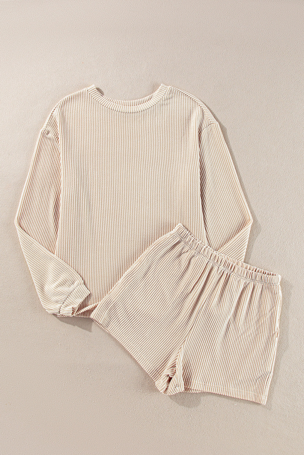 Casual Corded Knit Long Sleeve Top and High Waist Shorts Set