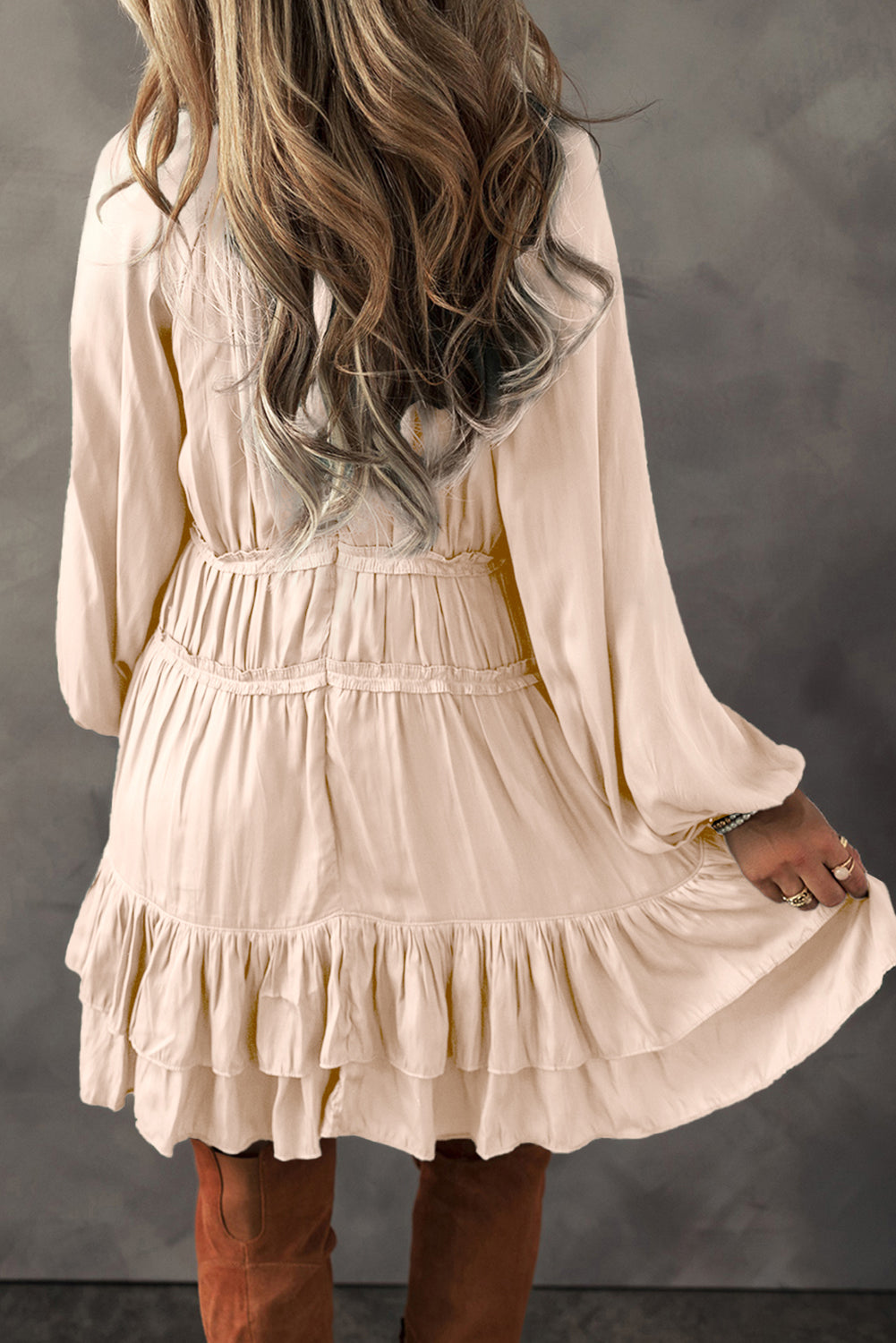 Mist Green Tiered Ruffled Puff Sleeve Loose Fit Mini Dress