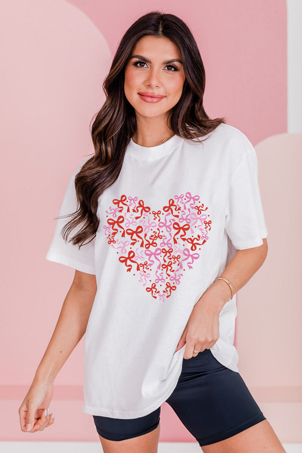 White Bowknot Heart Printed Crewneck Valentines Tee