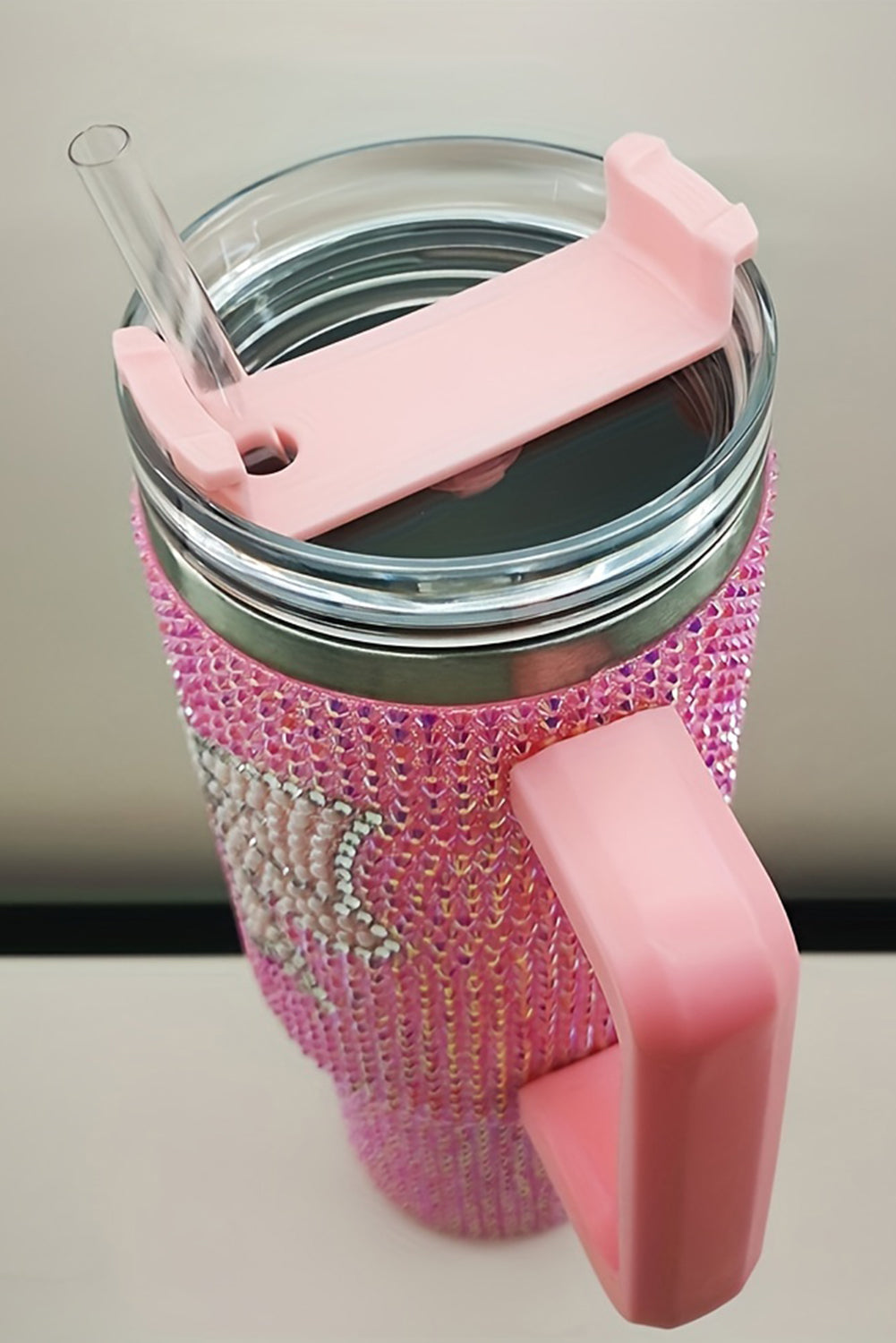 Pink Sweet Rhinestone Bow Tumbler Cup with Straw and Handle