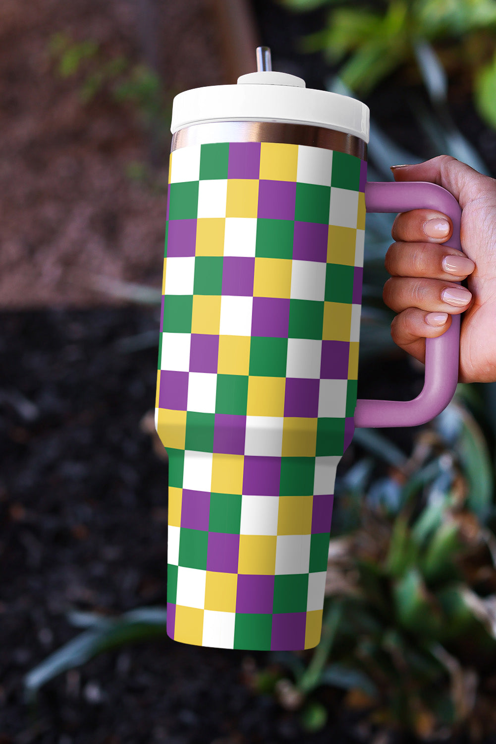 Tillandsia Purple Checkered Mardi Gras Tumbler Cup