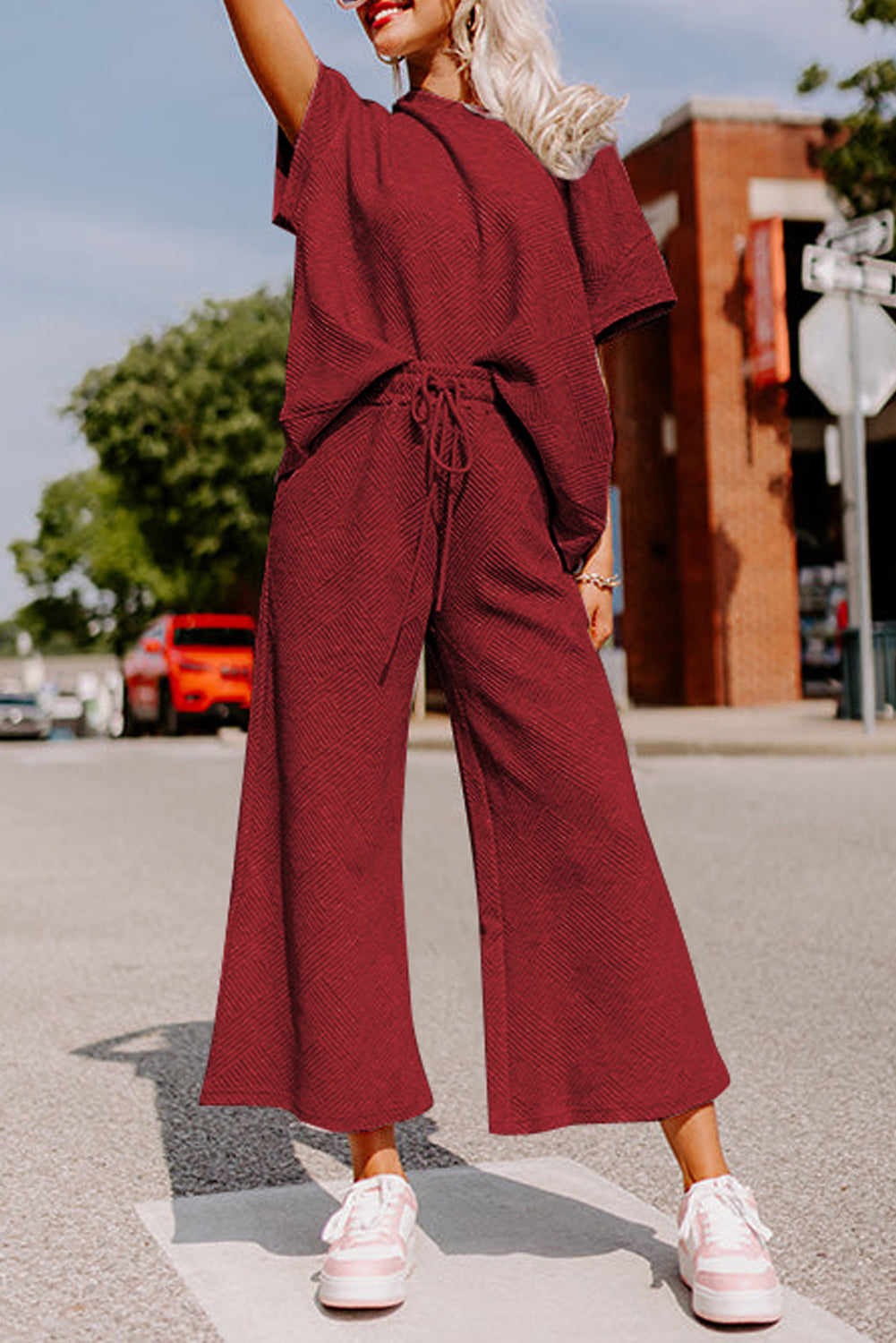 Gray Textured Loose Fit T Shirt and Drawstring Pants Set