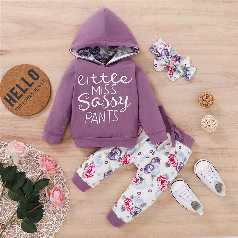 Cotton Letter Printed Hooded Sweatshirt Floral Pants Headband