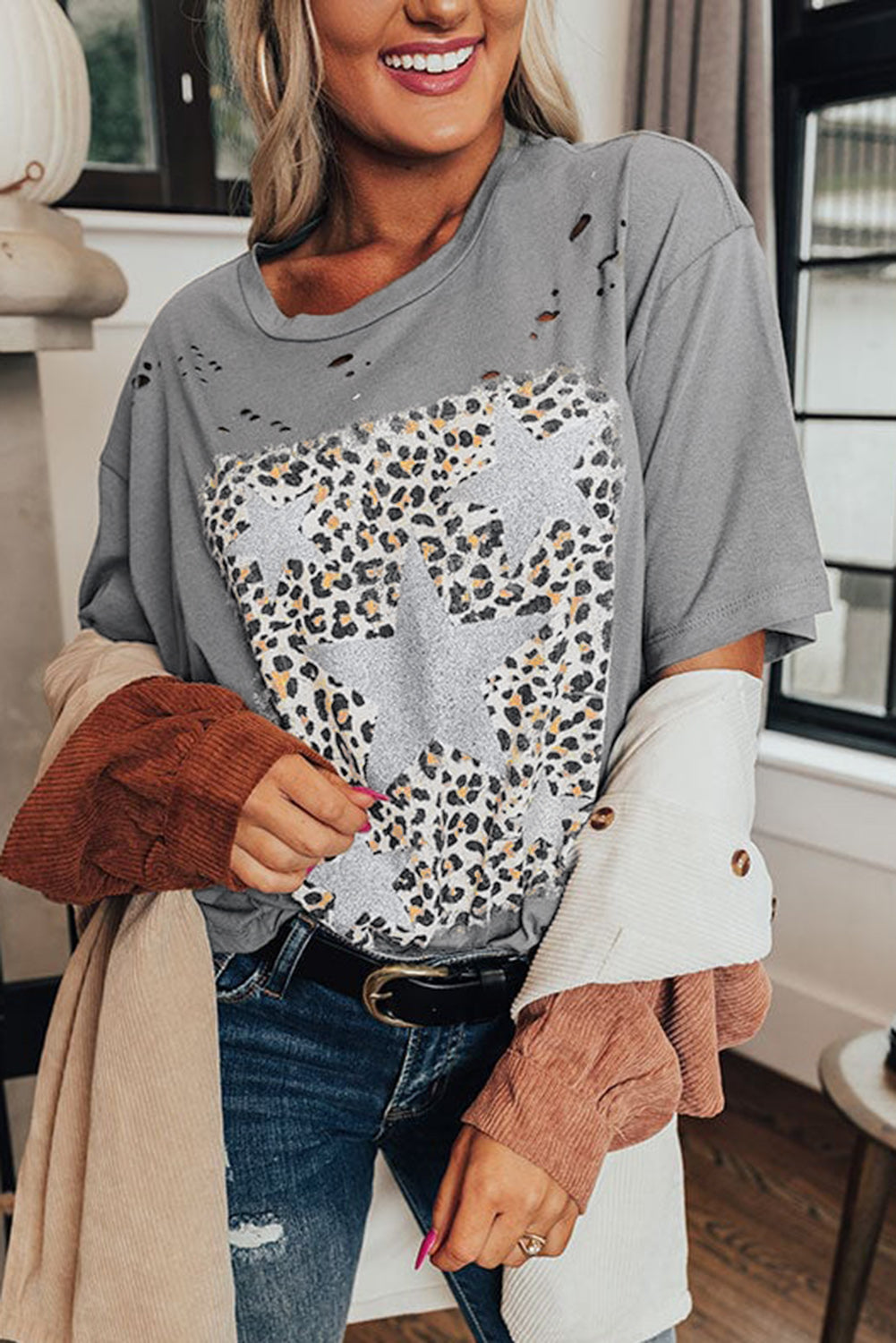 Medium Grey Stars Leopard Graphic Ripped Distressed Tee