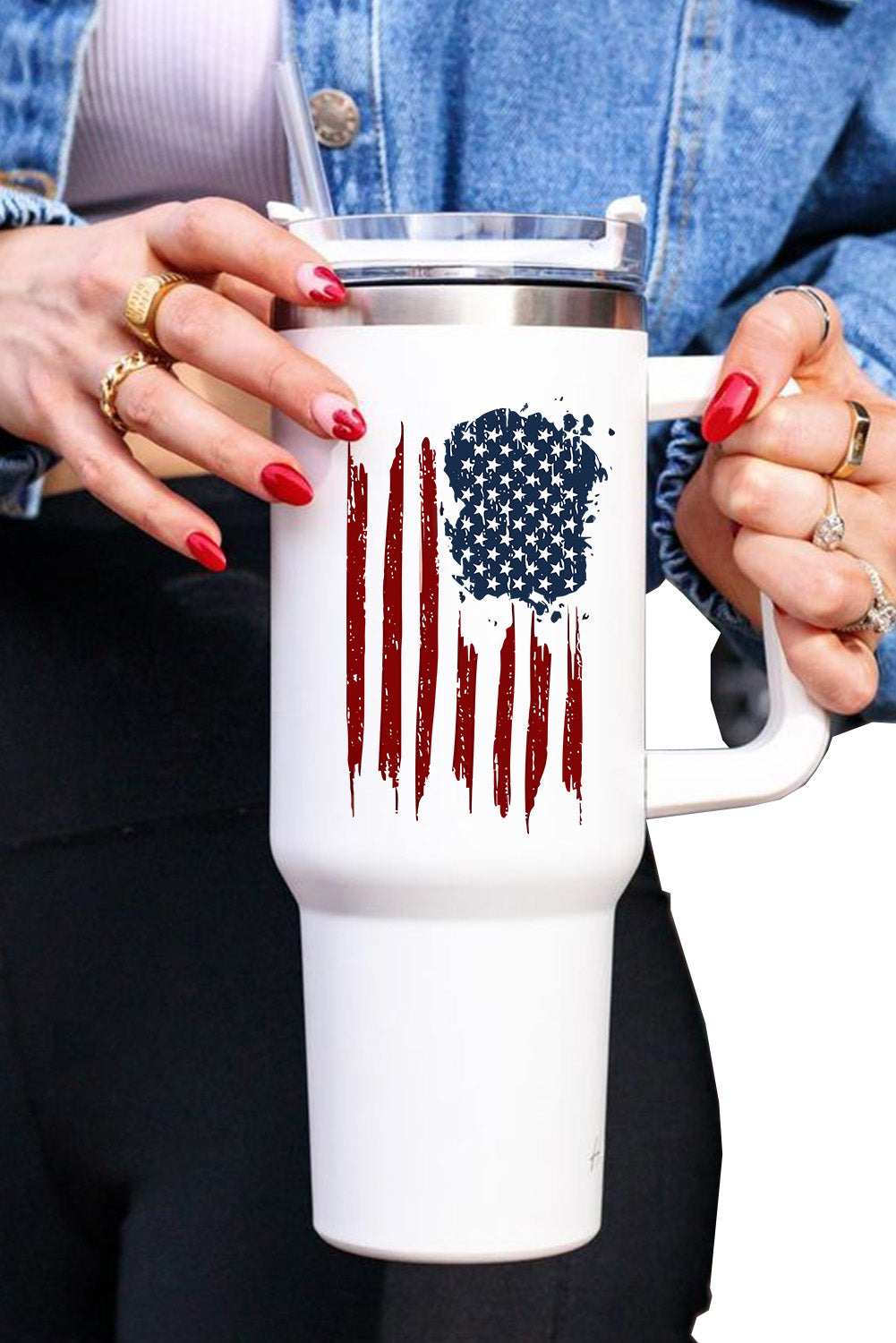 White American Flag Print Stainless Steel Portable Tumbler Mug with Straw