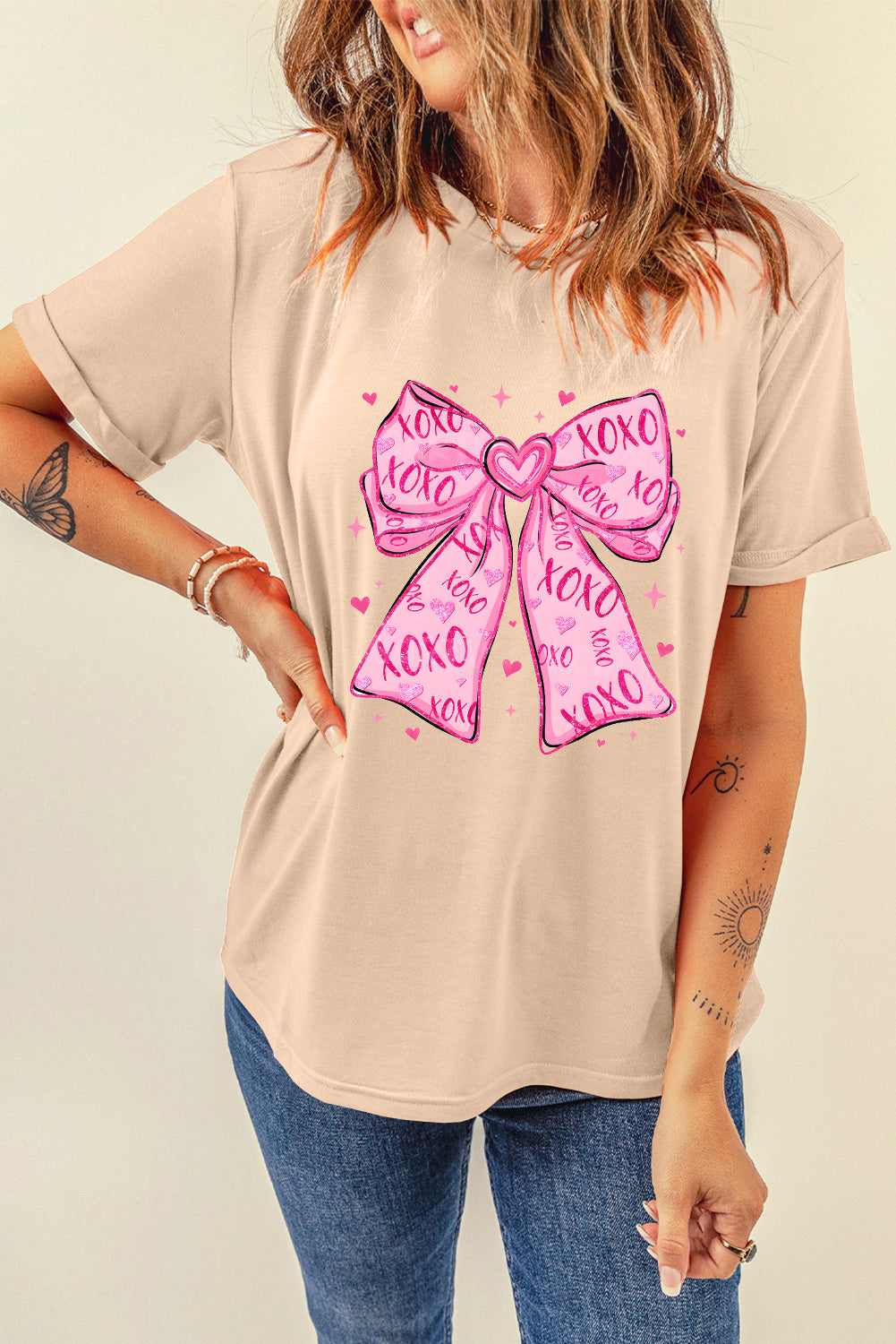 Khaki XOXO Valentine Bowknot Graphic Tee