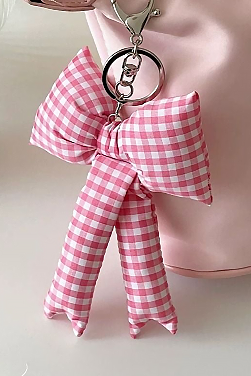 Pink Plaid Bow Pendant Keychain