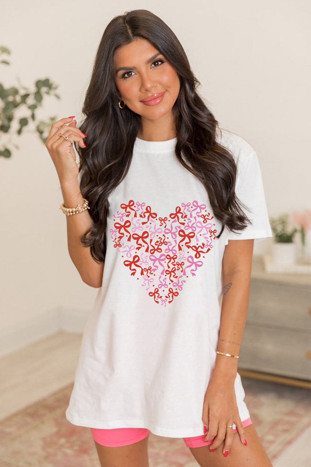 White Bowknot Heart Printed Crewneck Valentines Tee