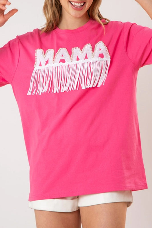 Bright Pink Fringe Trim Beaded MAMA Patch Oversized T Shirt