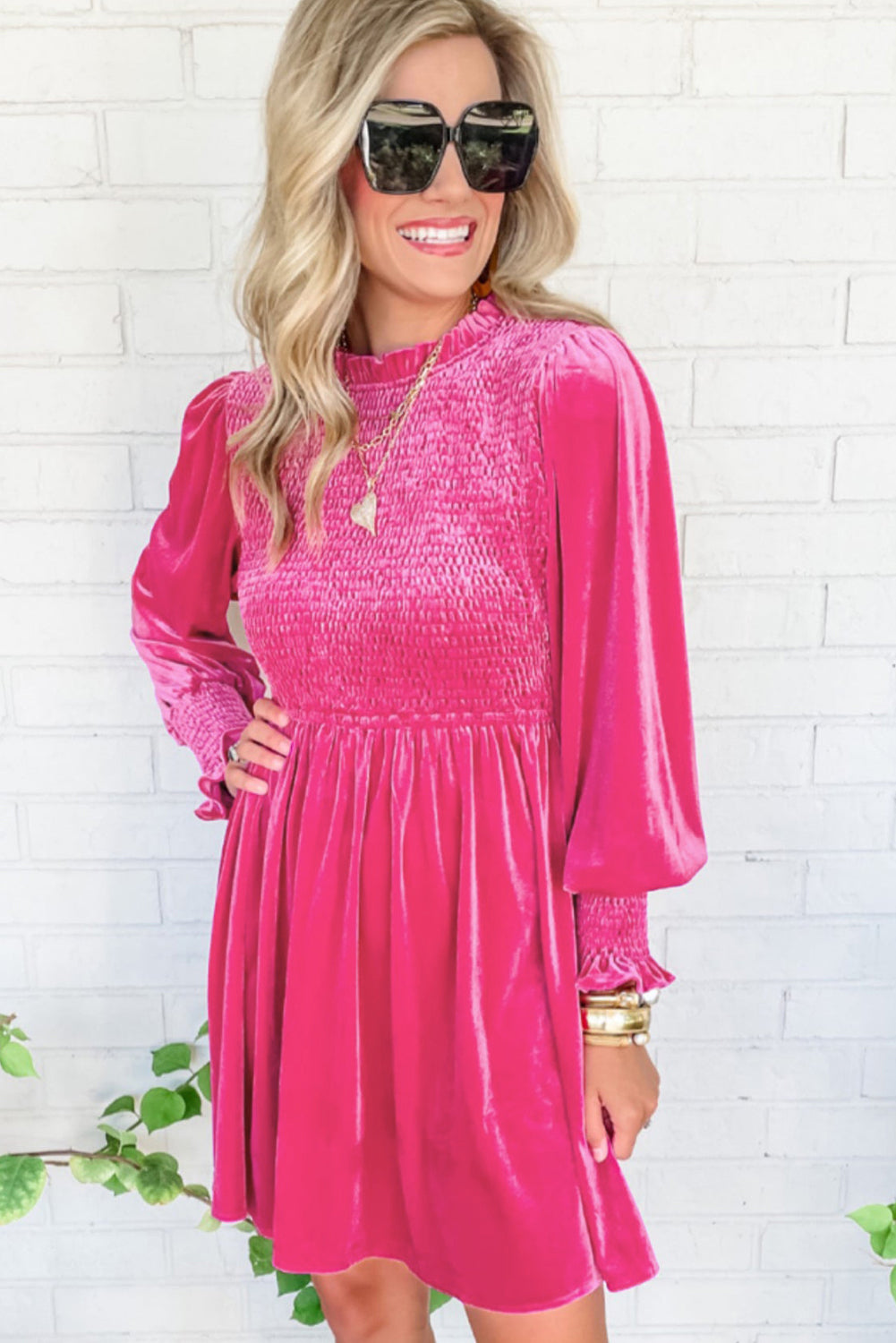 Rose Red Smocked Lantern Sleeve Frilled Velvet Dress