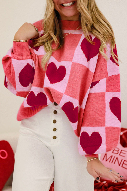 Pink Plus Size Heart Checkered Colorblock Lantern Sleeve Sweater