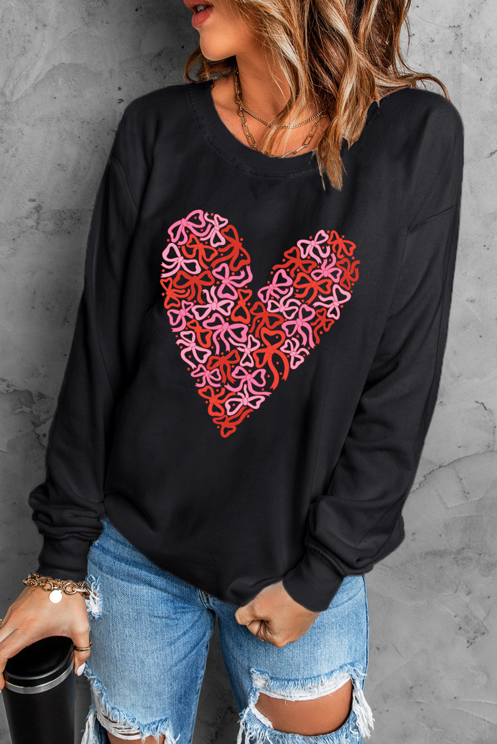 Black Bowknot Heart Printed Crewneck Valentines Sweatshirt