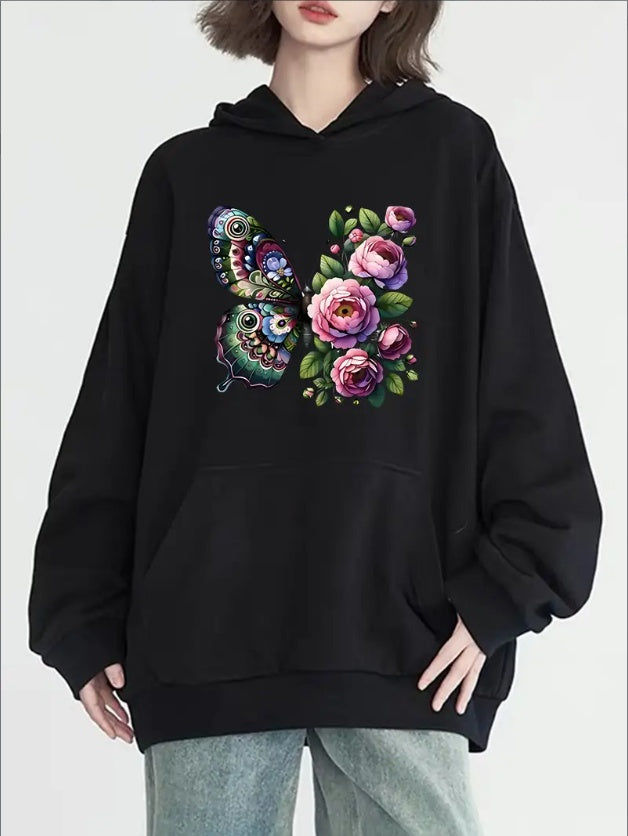 Women'S Fashion Rose And Butterfly Print Hoodie, Long Sleeve, Crew Neck, Casual Pullover With Pocket, For All Seasons