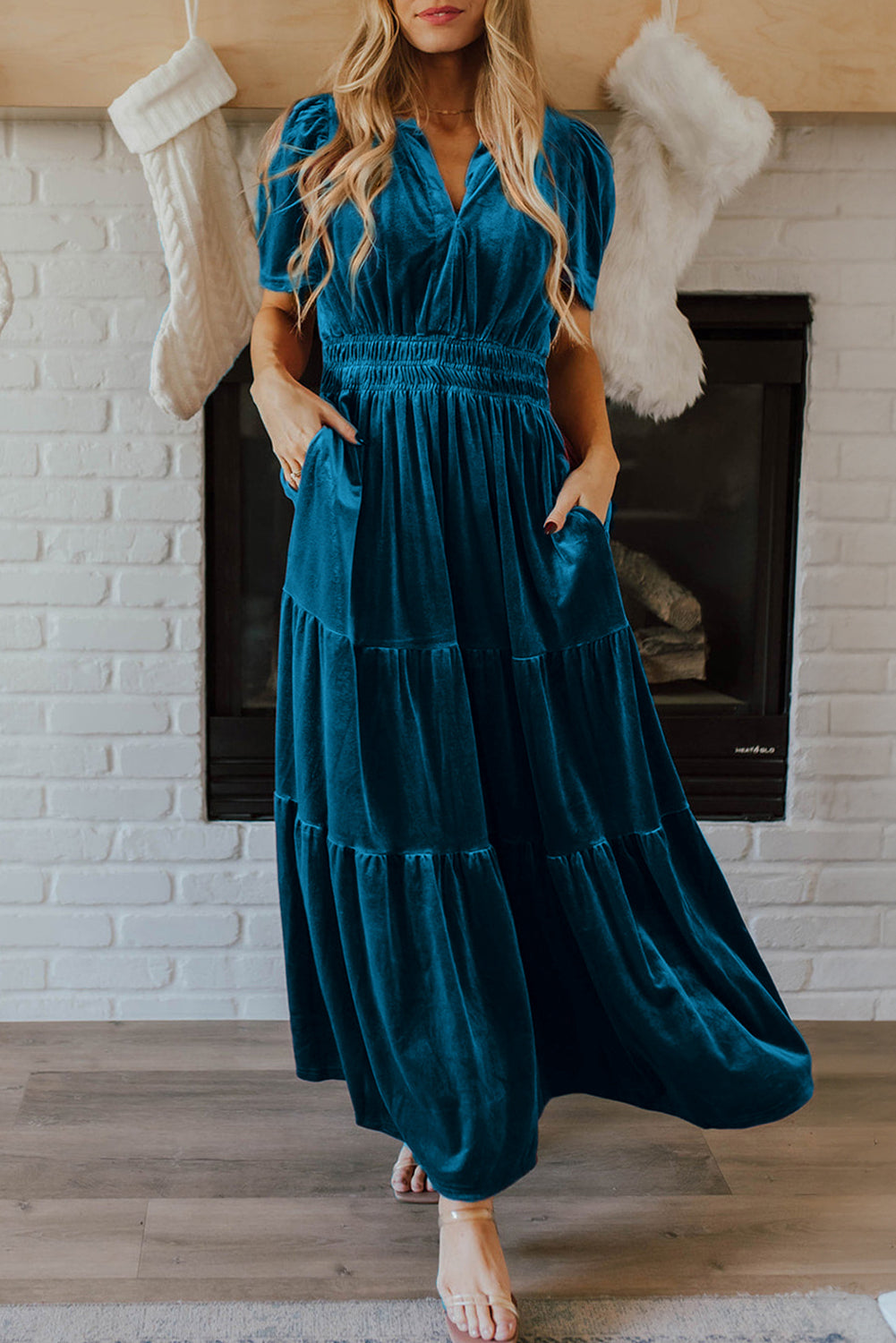 Evergreen Velvet Short Sleeve Shirred Waist Tiered Maxi Dress