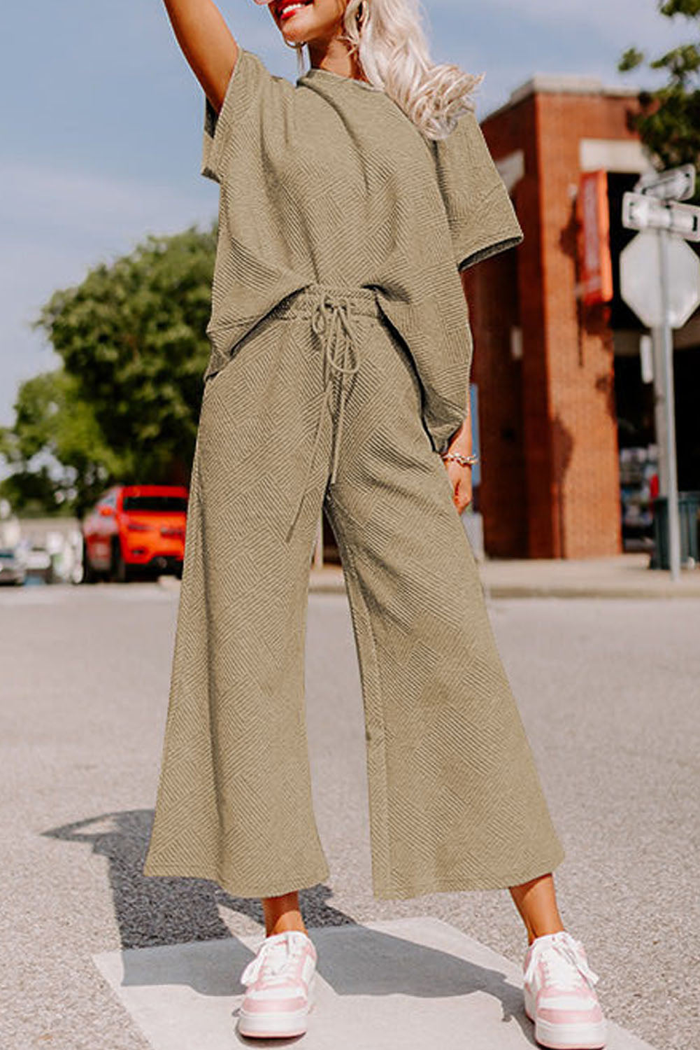 Gray Textured Loose Fit T Shirt and Drawstring Pants Set