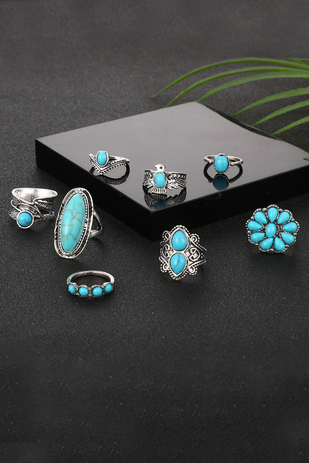 Green 8Pcs Vintage Turquoise Ring Set