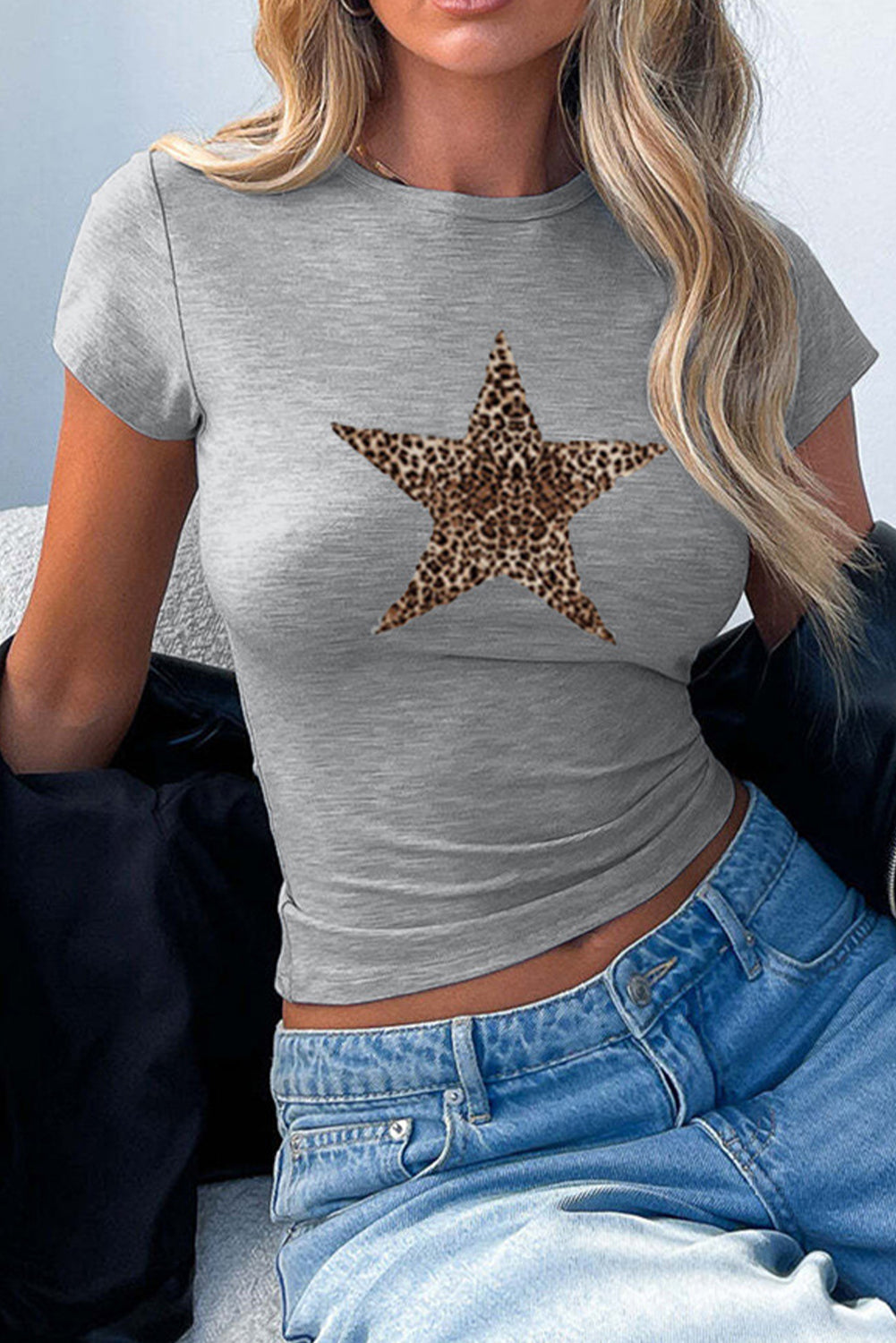 Gray Y2K Sexy Leopard Print Star Graphic Round Neck T-Shirt