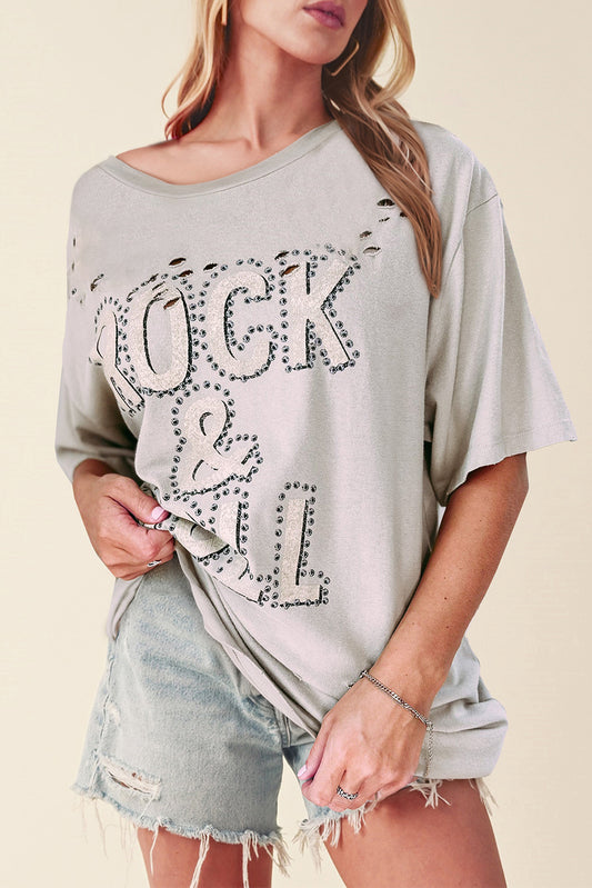 Gray Rock & Roll Graphic Ripped Oversized Tee