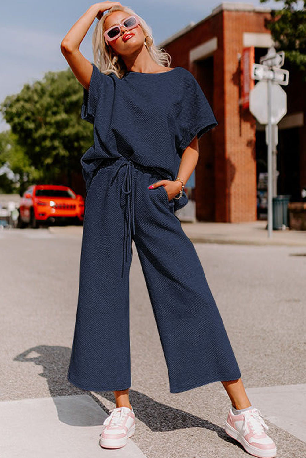 Gray Textured Loose Fit T Shirt and Drawstring Pants Set