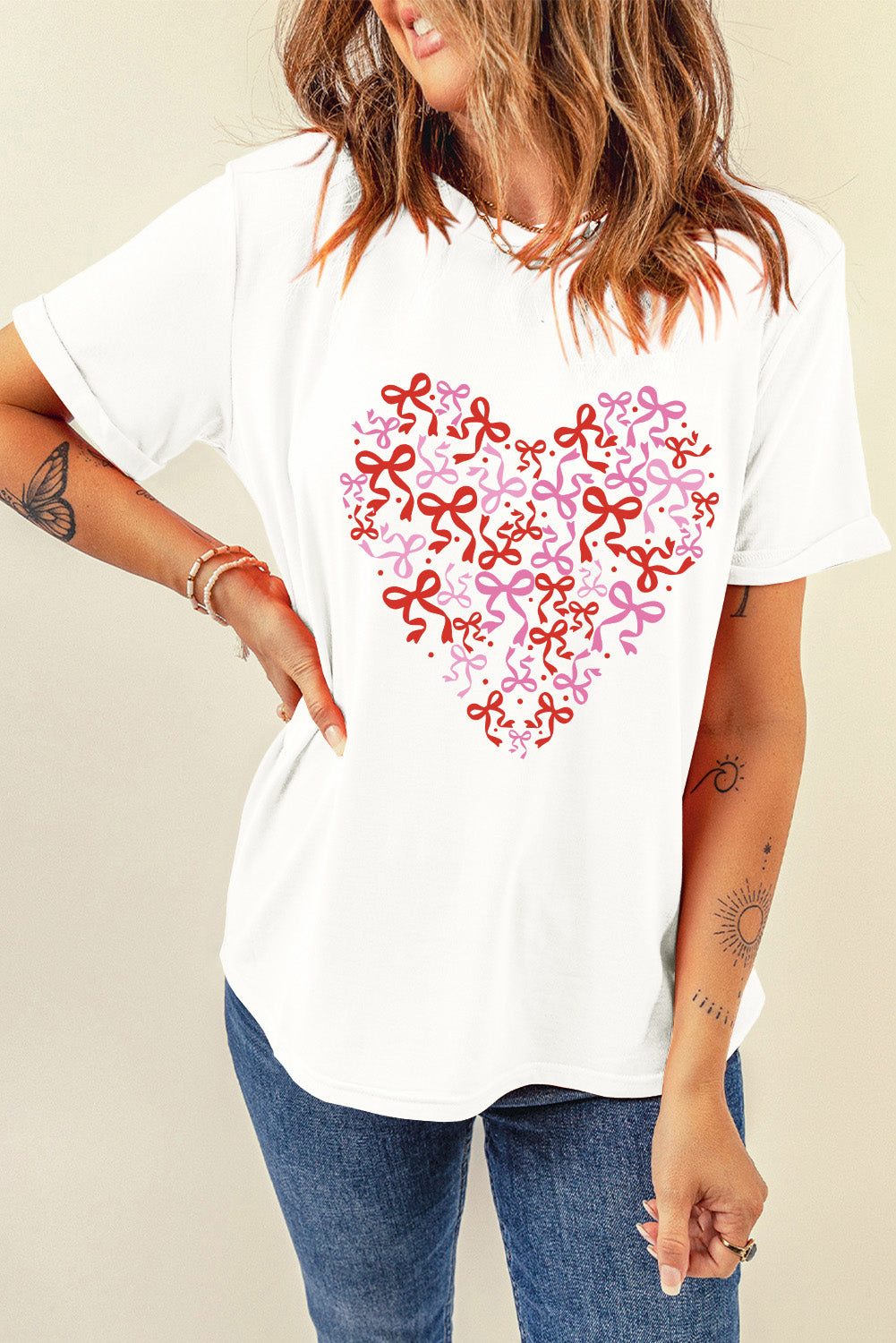 White Bowknot Heart Printed Crewneck Valentines Tee