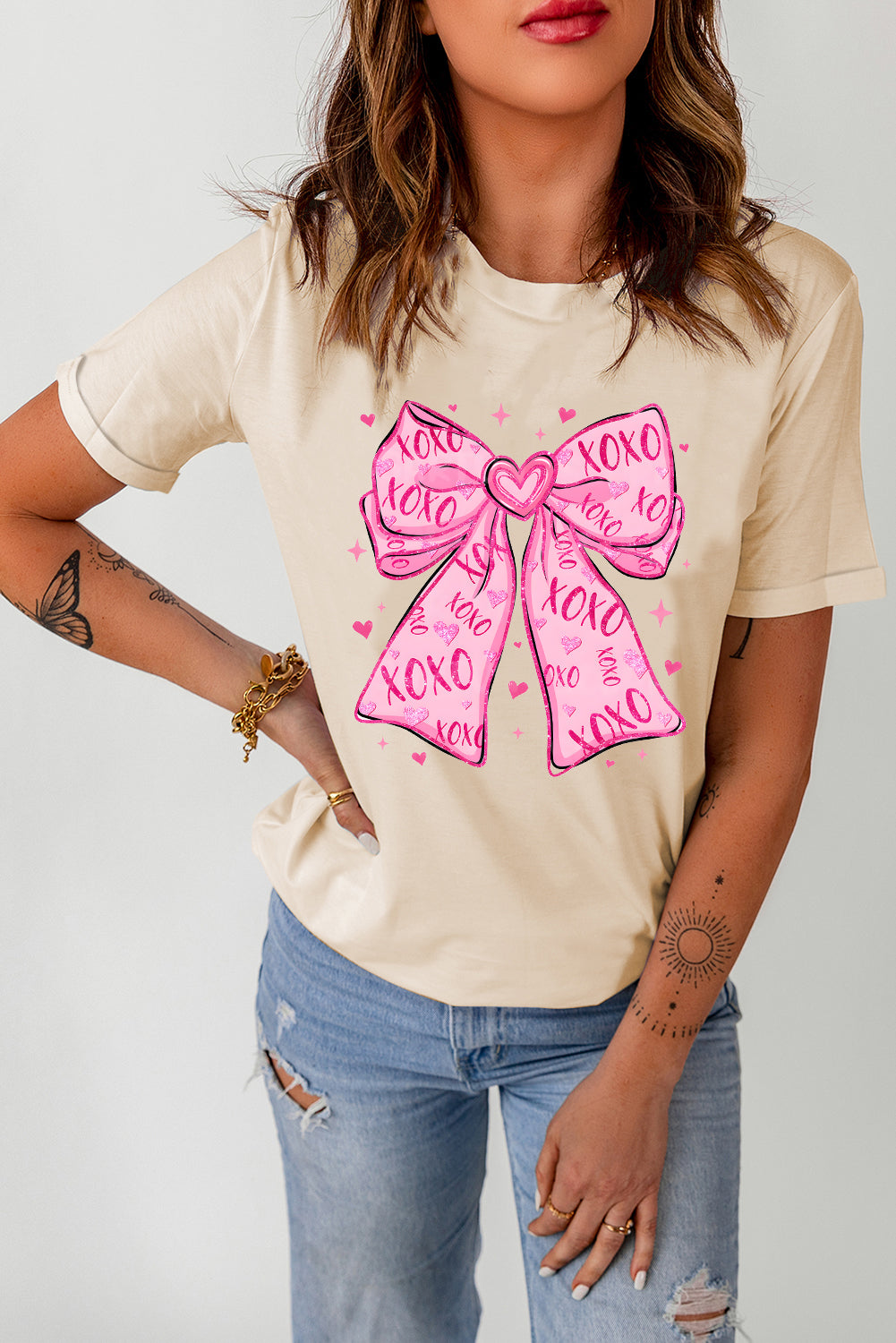 Khaki XOXO Valentine Bowknot Graphic Tee