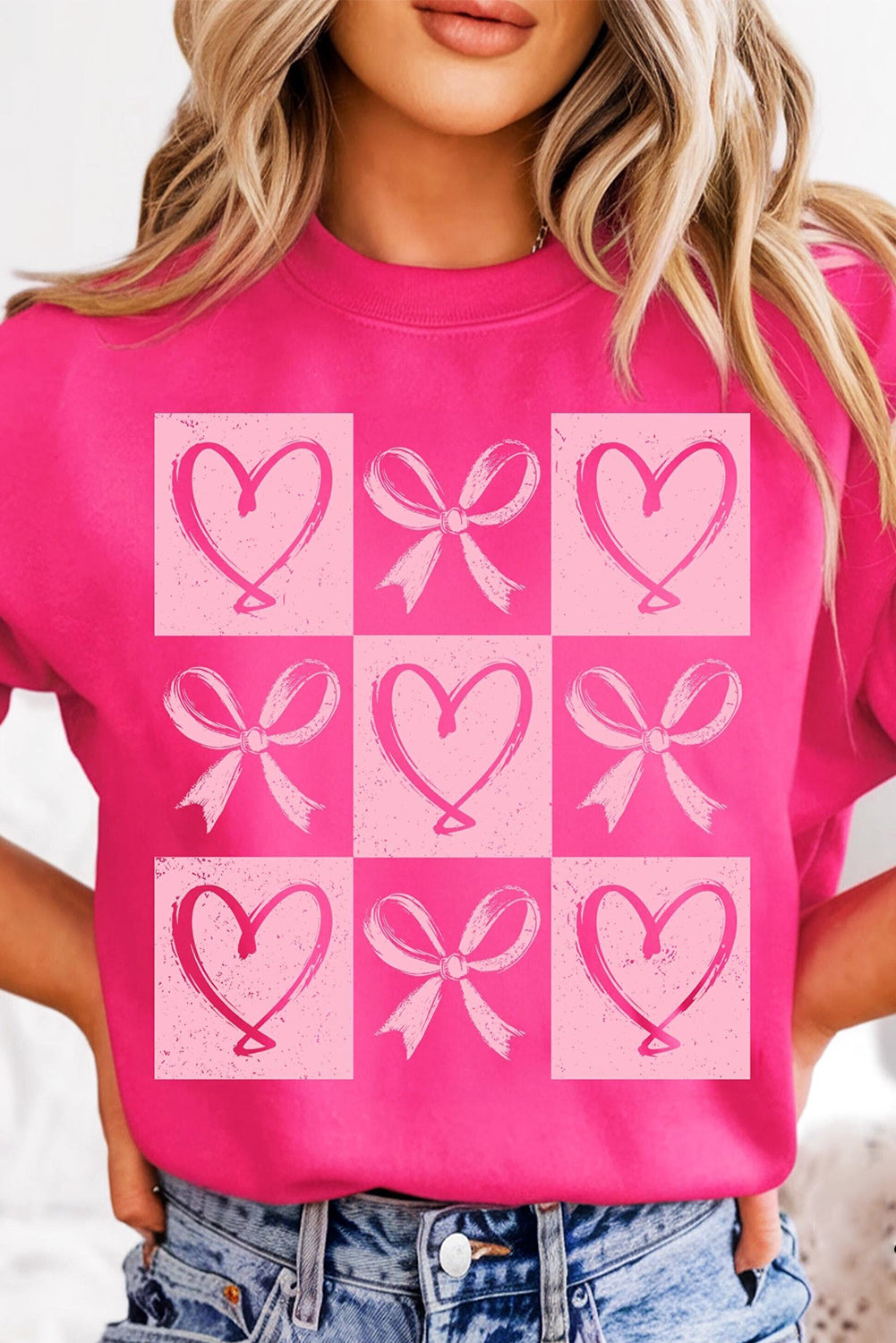 Bonbon Heart Shape Bow Checker Graphic Valentine Drop Shoulder Sweatshirt