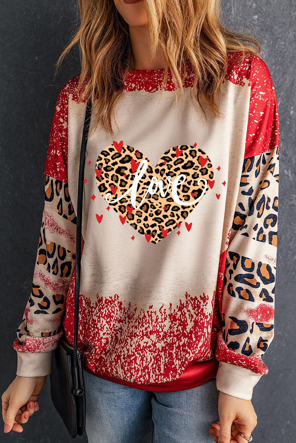 Red love Leopard Bleached Heart Graphic Sweatshirt