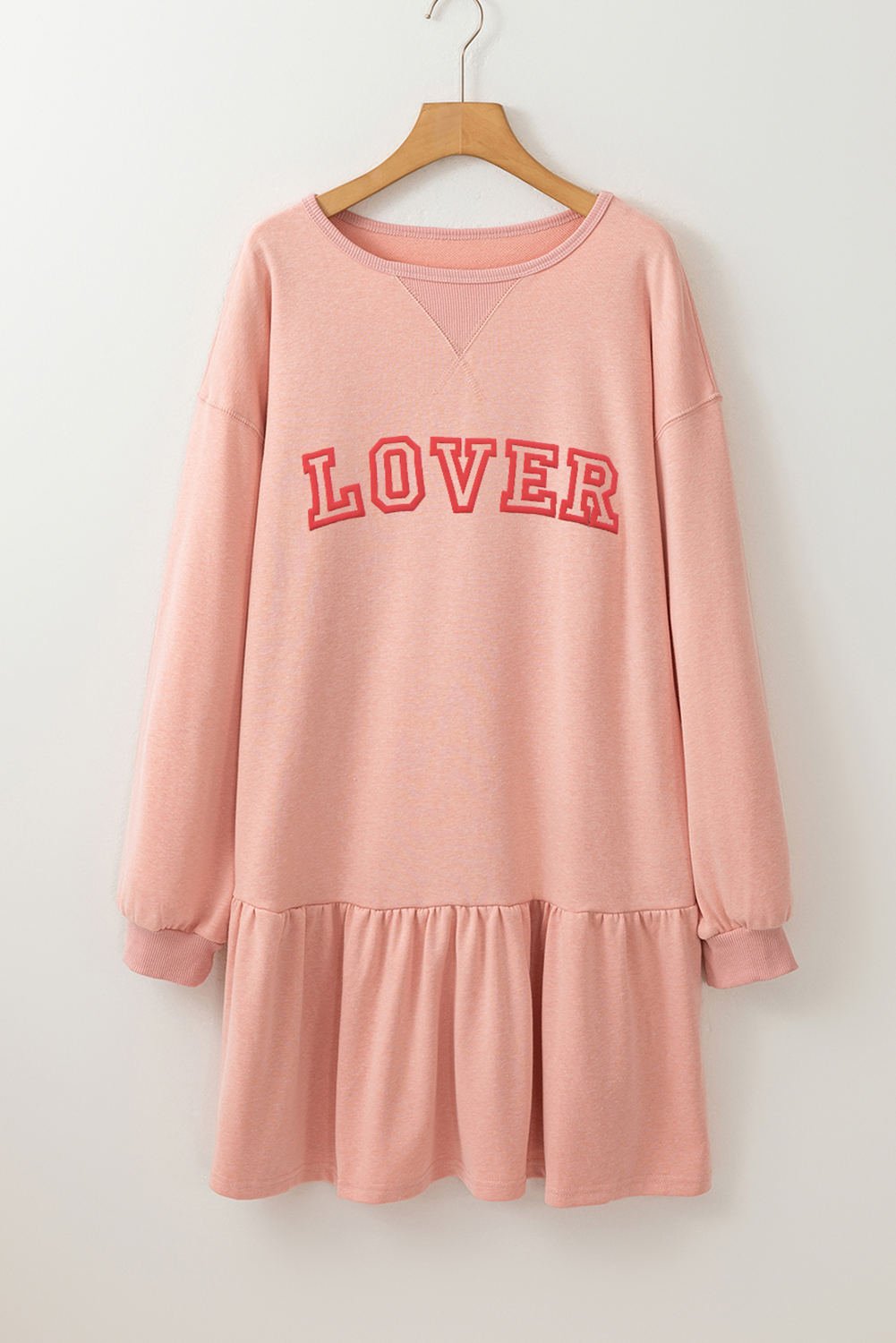 Dusty Pink LOVER Letter Long Sleeve Ruffle Hem Dress