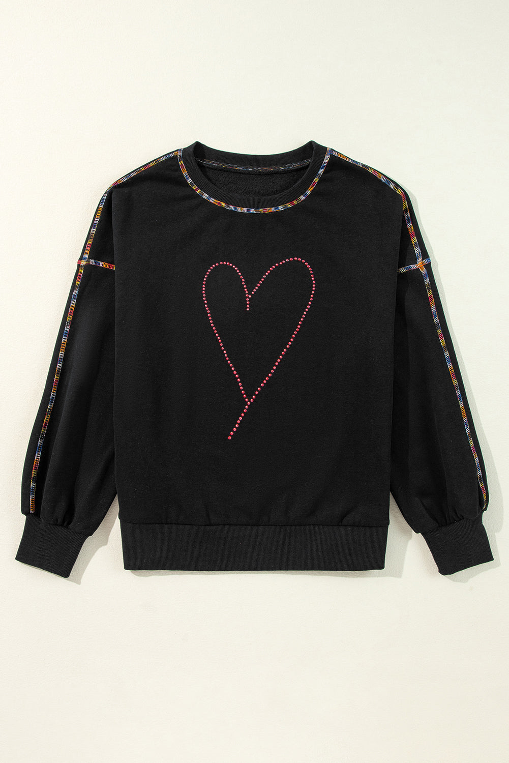 Black Rhinestone Heart Contrast Exposed Seam Valentines Pullover Sweatshirt