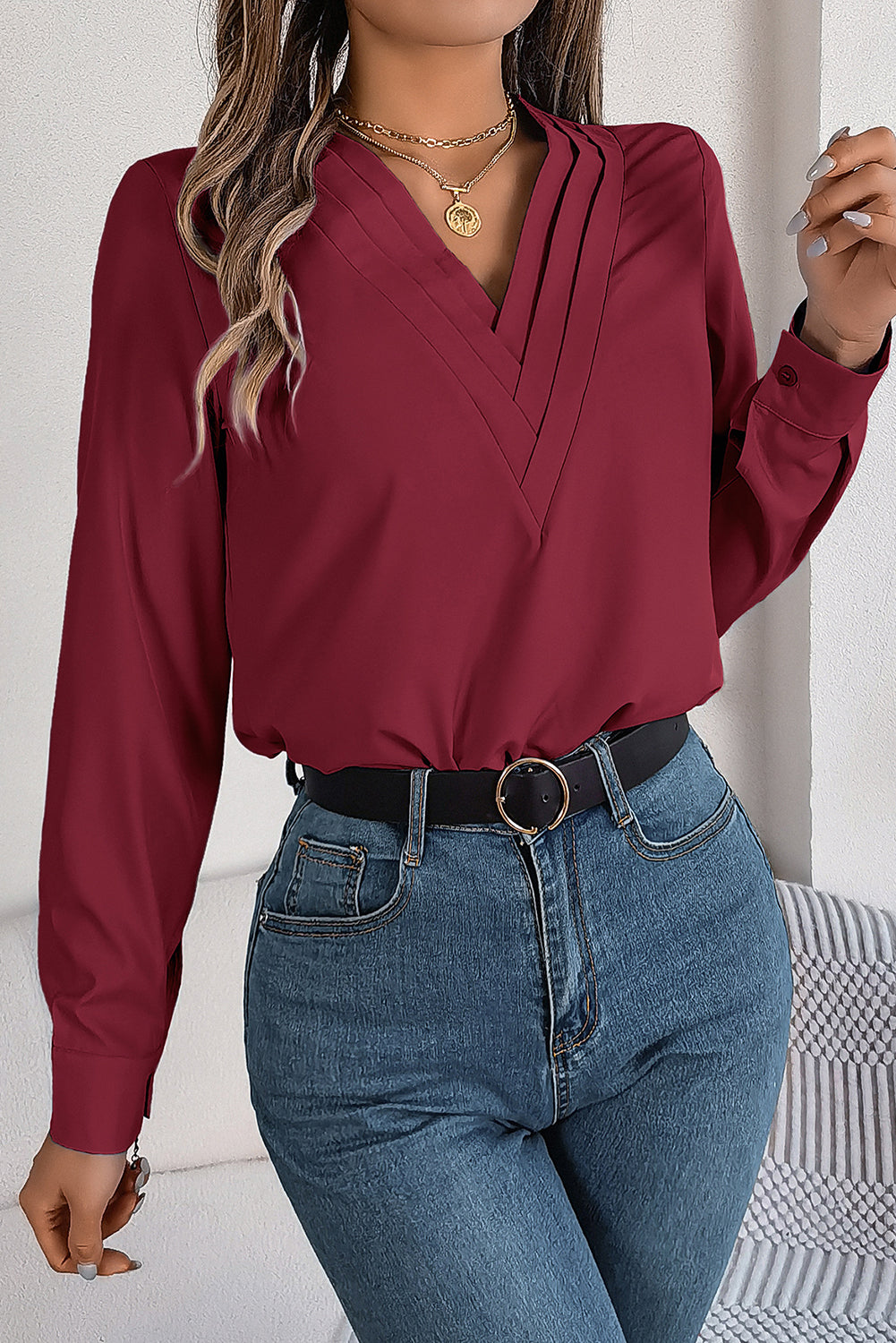 Red Dahlia Elegant V-Neck Pleated Blouse