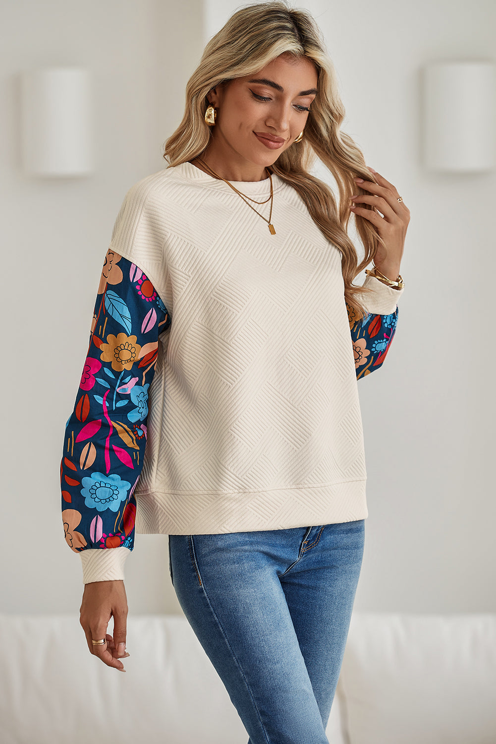 White Vintage Flower Patchwork Sleeve Textured Top