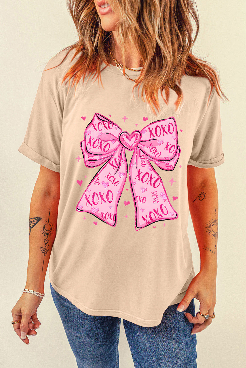 Khaki XOXO Valentine Bowknot Graphic Tee