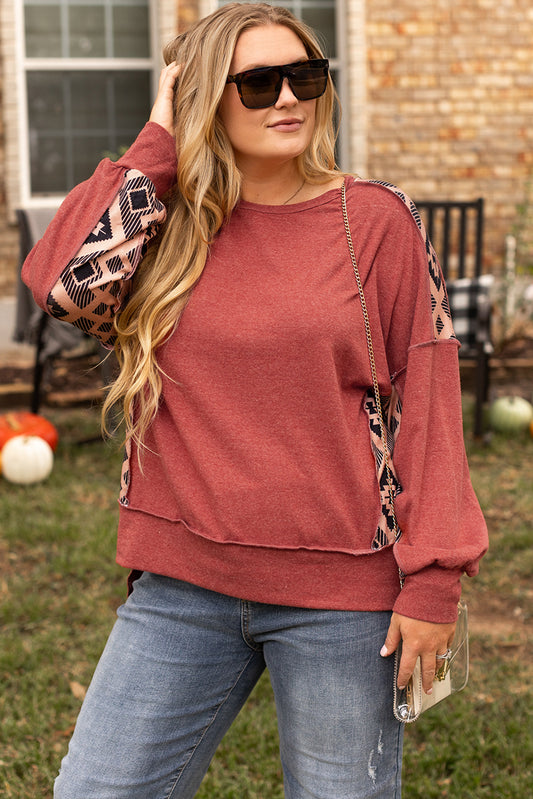 Redwood Burl Aztec Patchwork Drop Shoulder Plus Size High Low Sweatshirt