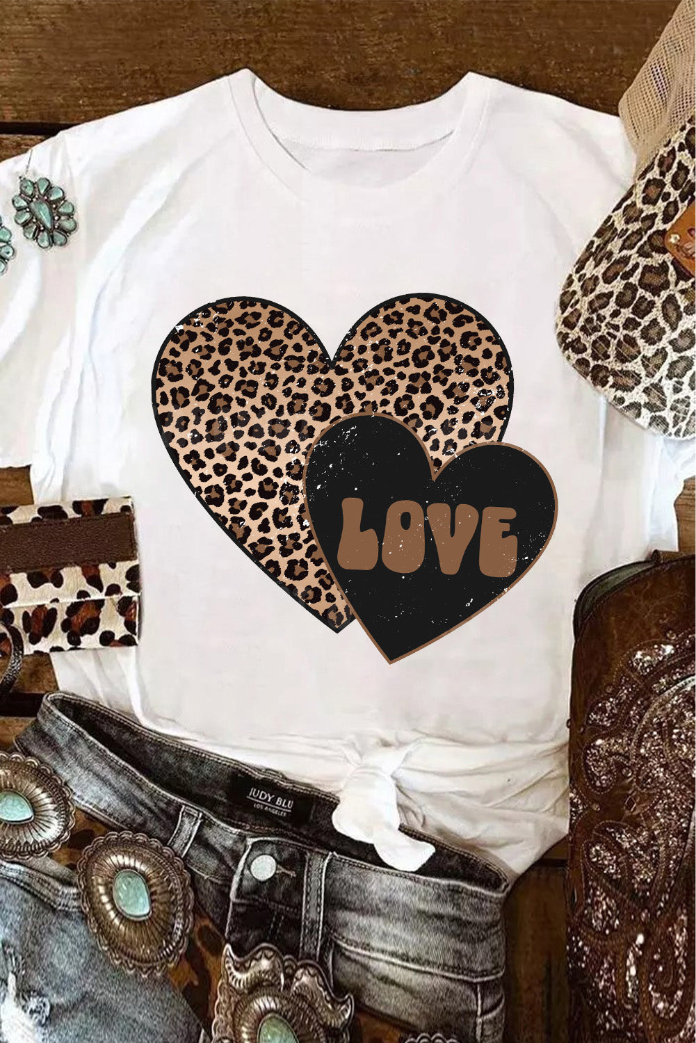 White LOVE Leopard Heart Graphic Crewneck Tee